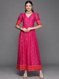Ahalyaa Women's Pink Chanderi Gold Foil Print Dress
