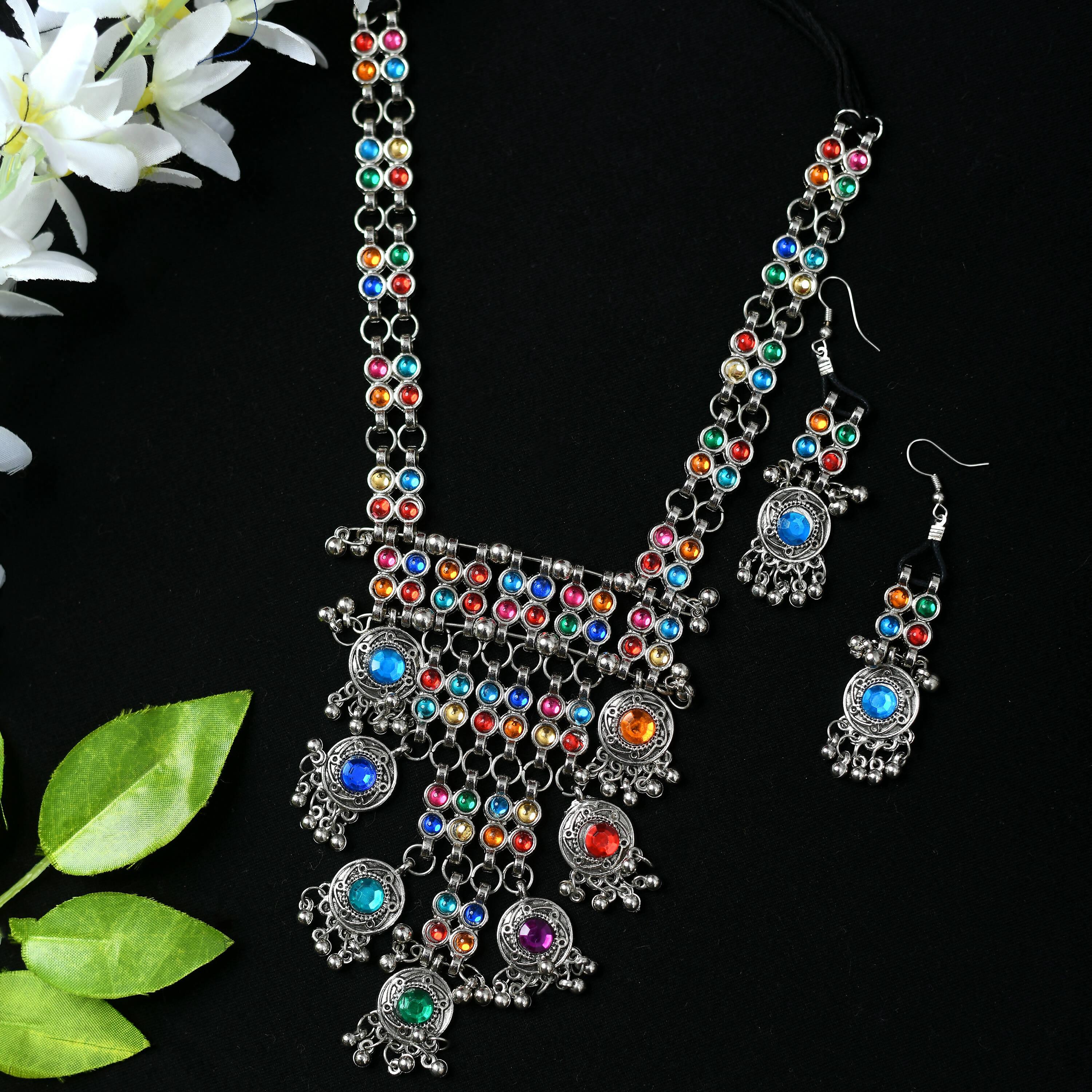 Mominos Fashion Johar Kamal Oxidised Silver-Plated Brass Finish Multi Kundan Afghani Long Necklace For Women