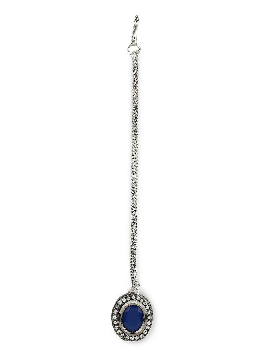 Women's Blue Silver-Toned Kundan Studded Maang Tikka - Ruby Raang