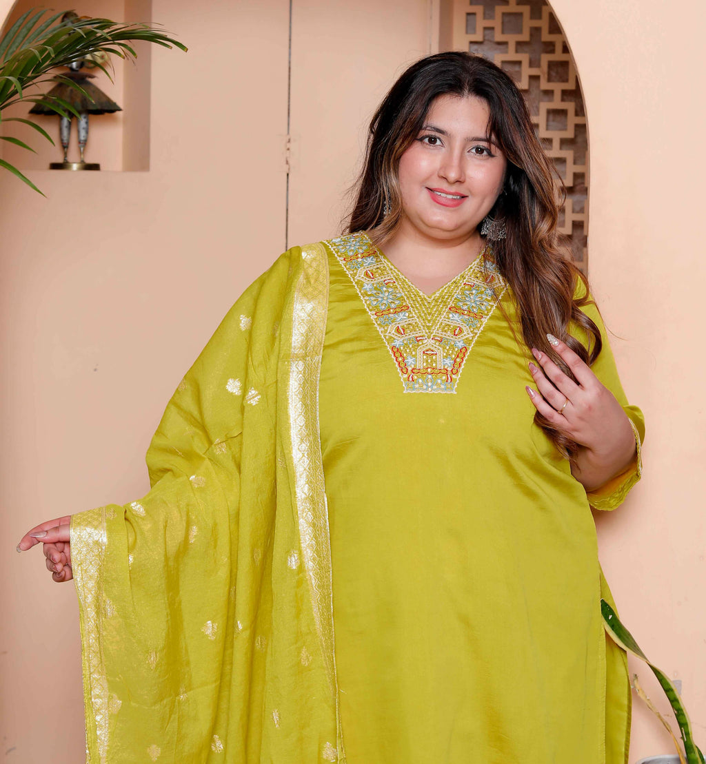 Miravan Womens Plus Size Muslin Yellow Kurta and Palazzo with Dupatta Set