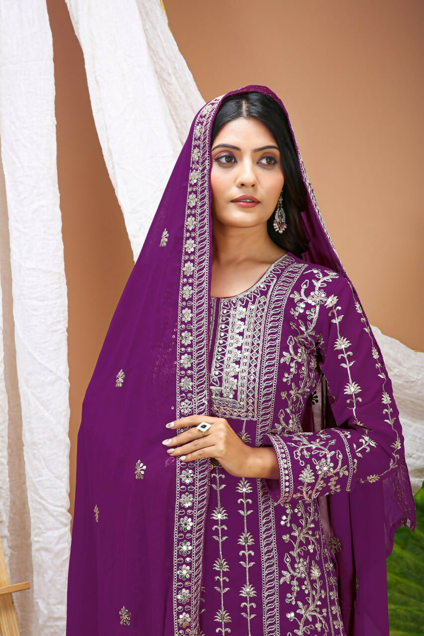 Teeya Creation Wine Faux Georgette Embroidery Work Wedding Wear Salwar Suit