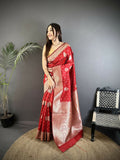 Joban Fashion Red Floral Jacquard Woven Design Cotton Silk Banarasi Silk Saree