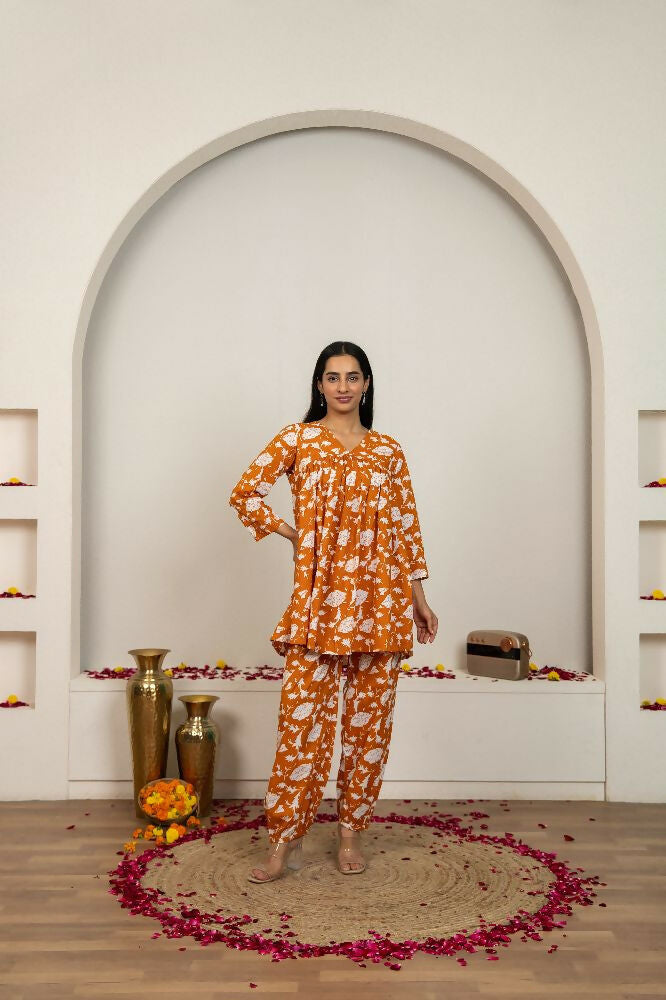 Joban Fashion Peach Hand Block Print Cotton Kurta Set