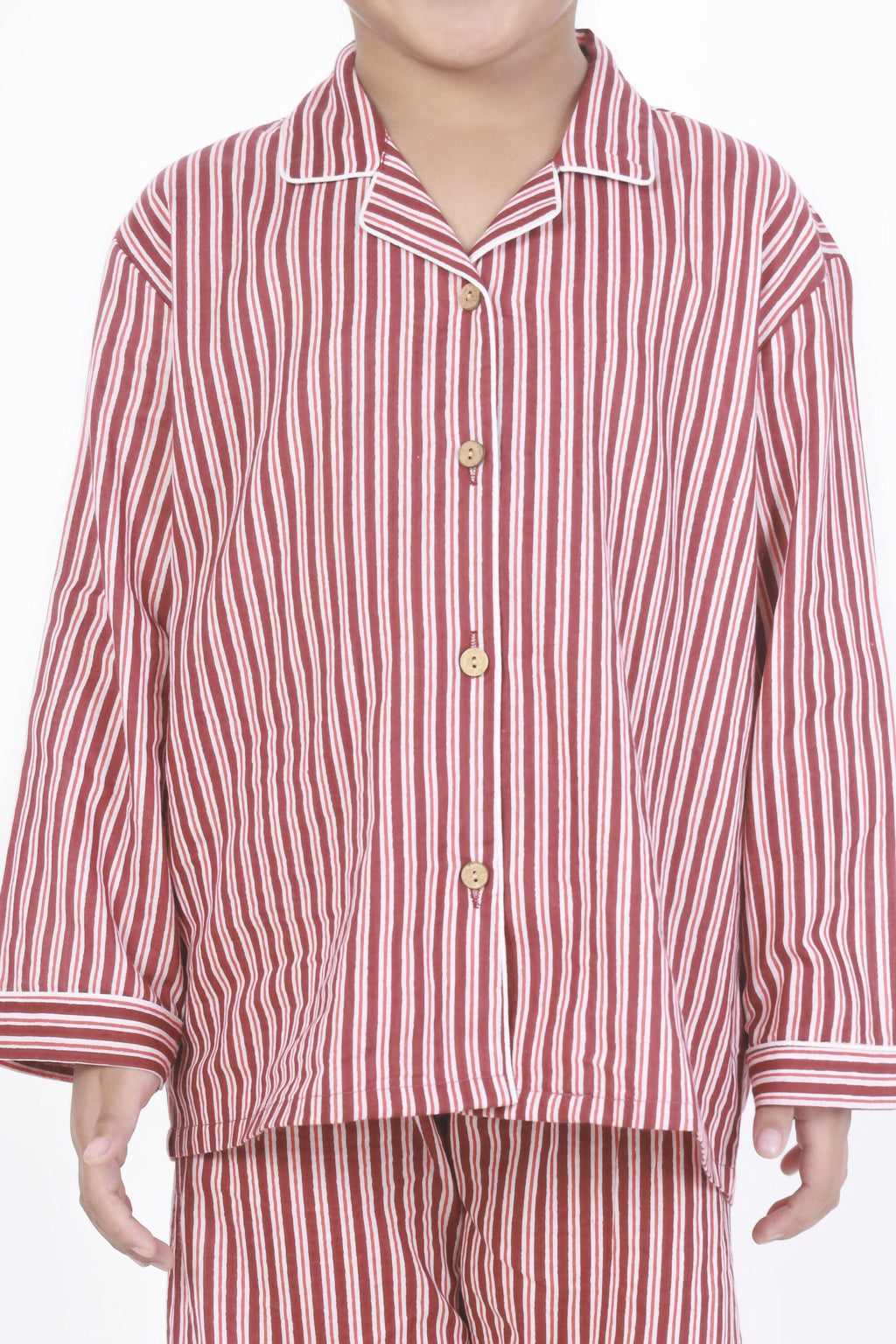 Breathables Kids Cotton Night Suit – Red & White Striped Shirt & Pyjama Co-Ord Set For Boys & Girls
