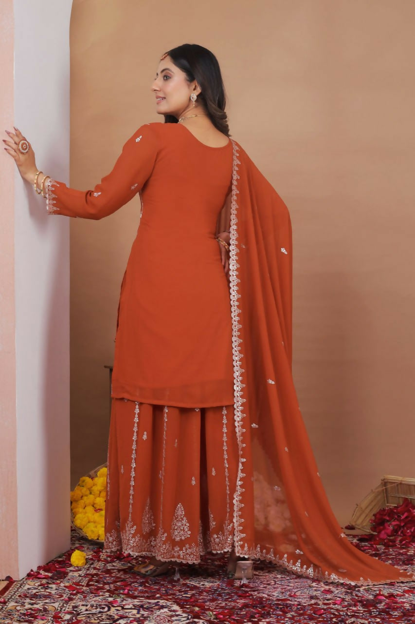 Joban Fashion Dark Orange Georgette Embroidered Sharara Set
