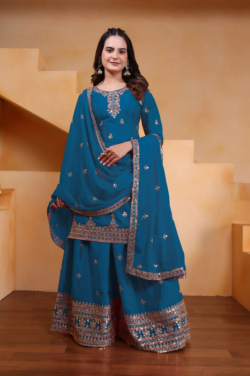 Joban Fashion Teal Silk Embroidered Sharara Set