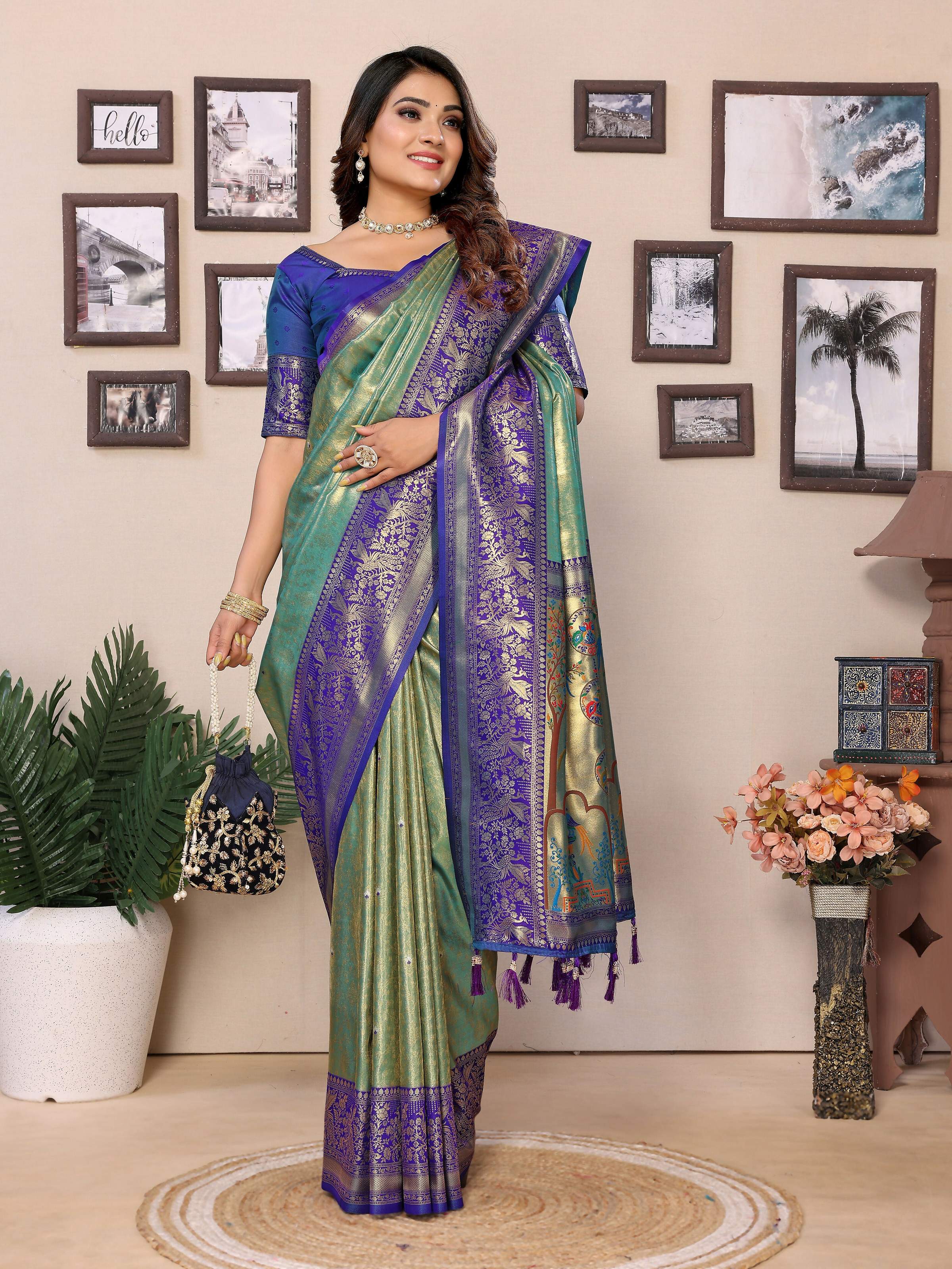 Aastha Fashion Green Tissue Silk Weaving Saree