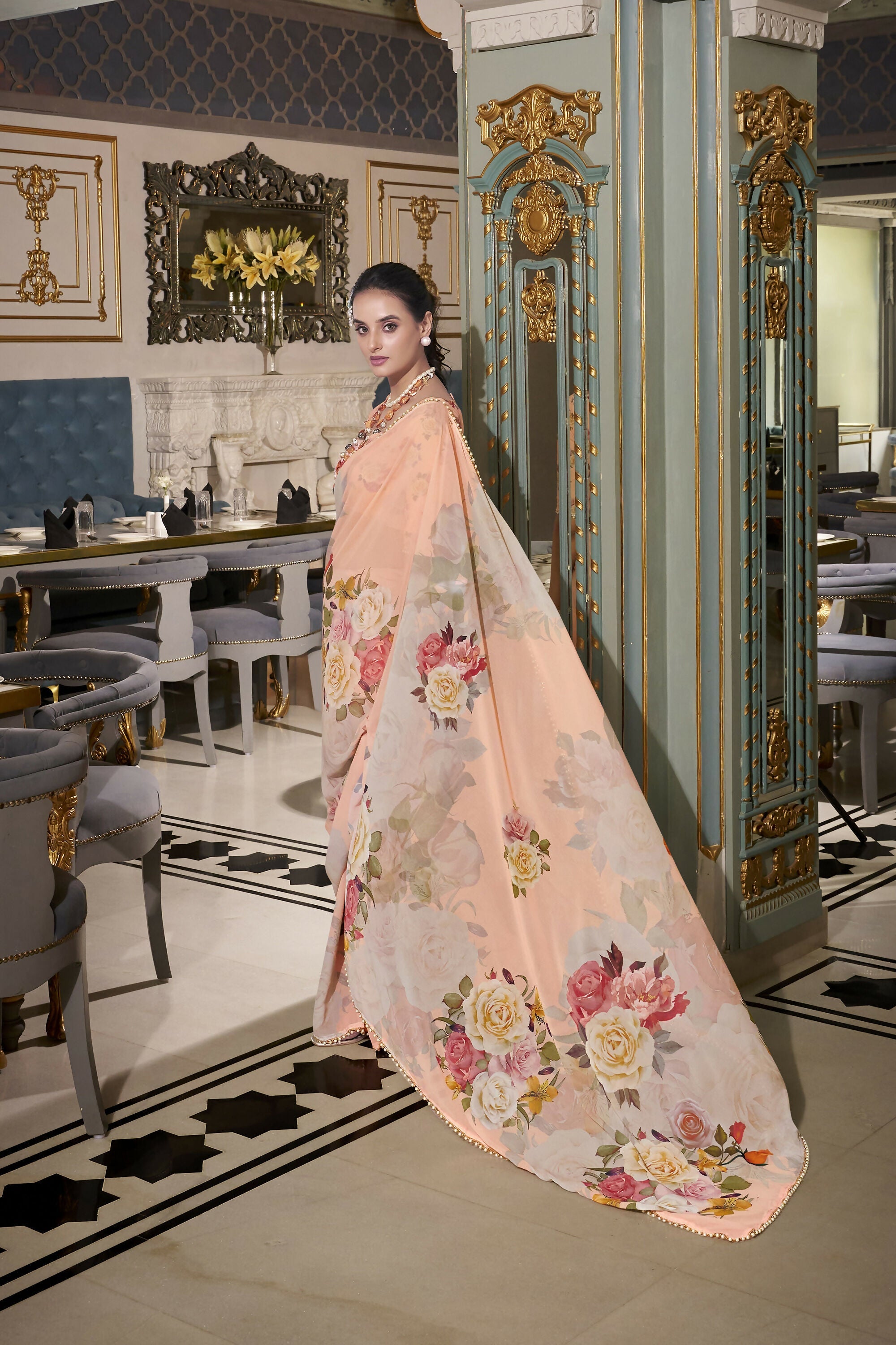 Vastranavya Peach Spectacular Georgette Printed with Pearl Lace Saree with Unstitched Blouse