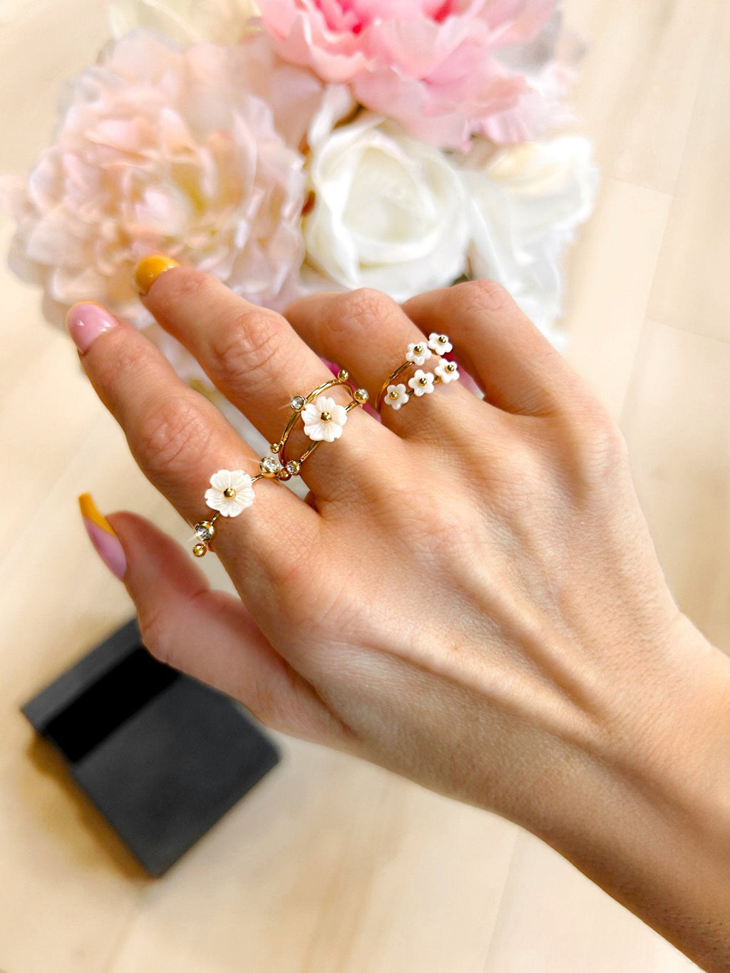 Daisy & Diamond Stainless Steel 3 Piece Ring Set