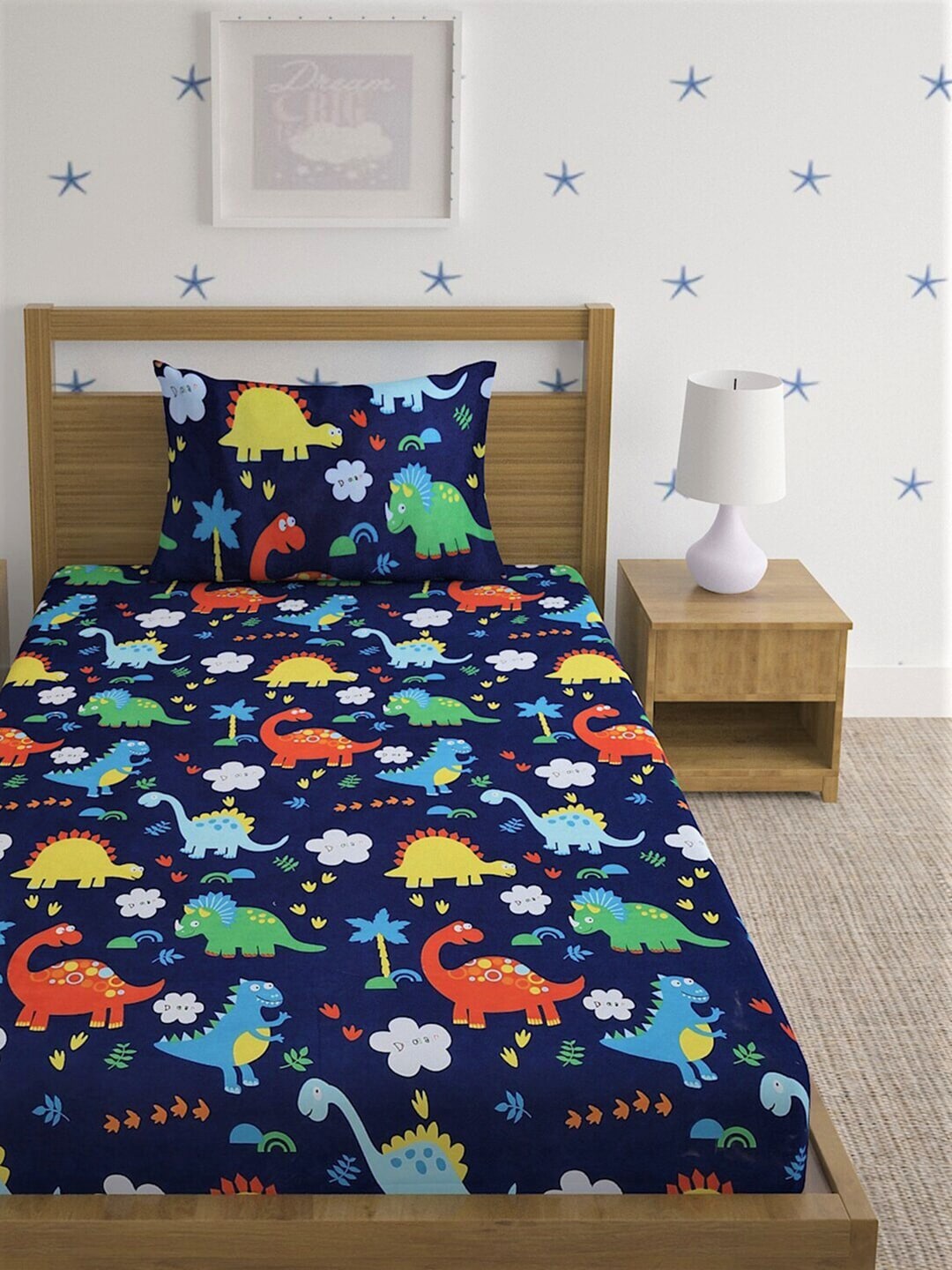 Home Sizzler Blue & Red Cartoon Characters 210 TC Bedsheet with Pillow Cover