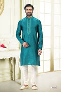 Raivat Ethnic Jacquard Banarasi Silk Thread Work Kurta Pajama In Blue Colour