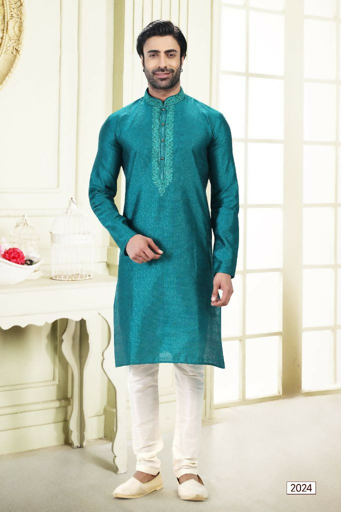 Raivat Ethnic Jacquard Banarasi Silk Thread Work Kurta Pajama In Blue Colour