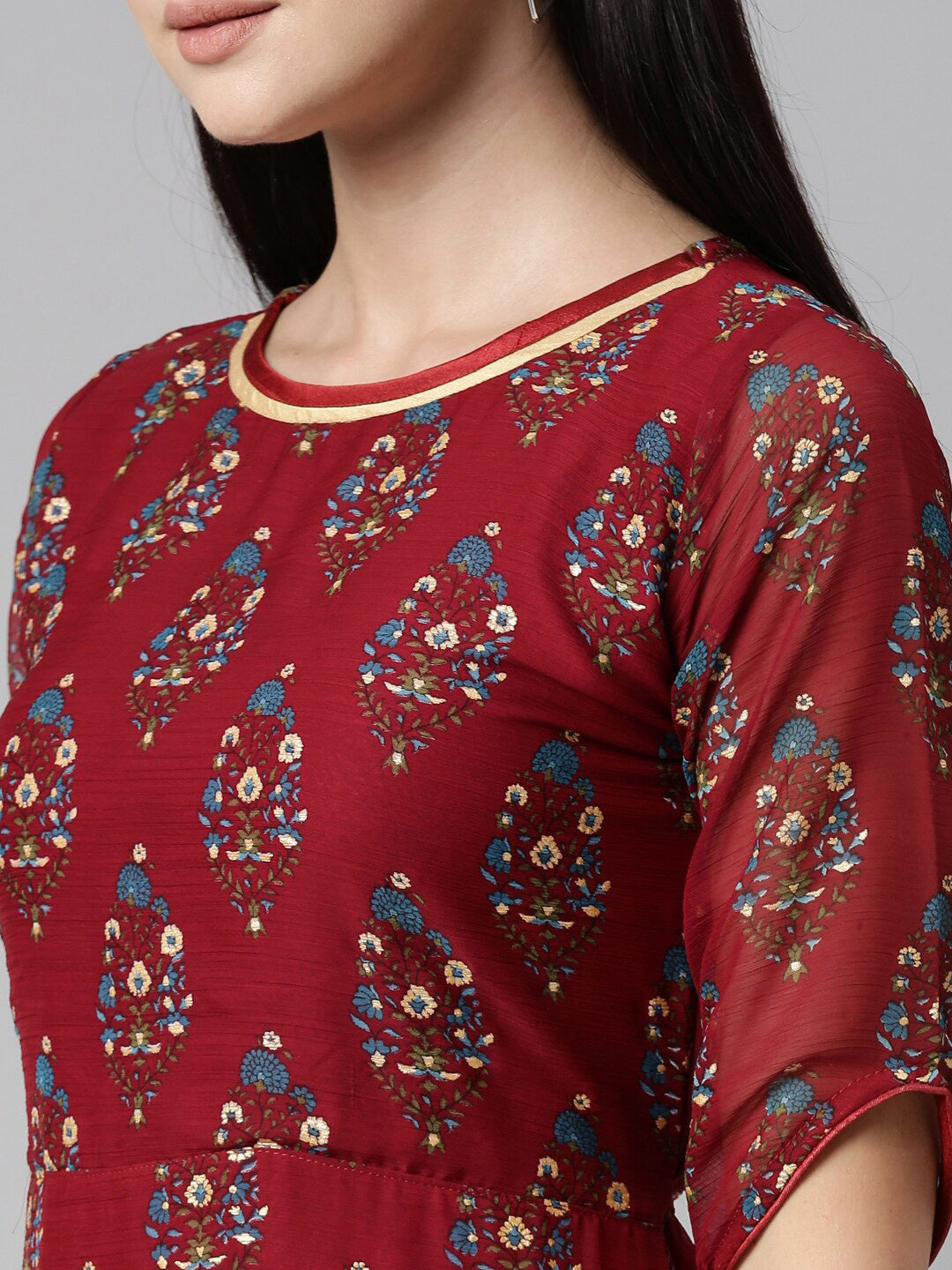 Souchii Floral Printed Boat Neck Chiffon Maxi Dress