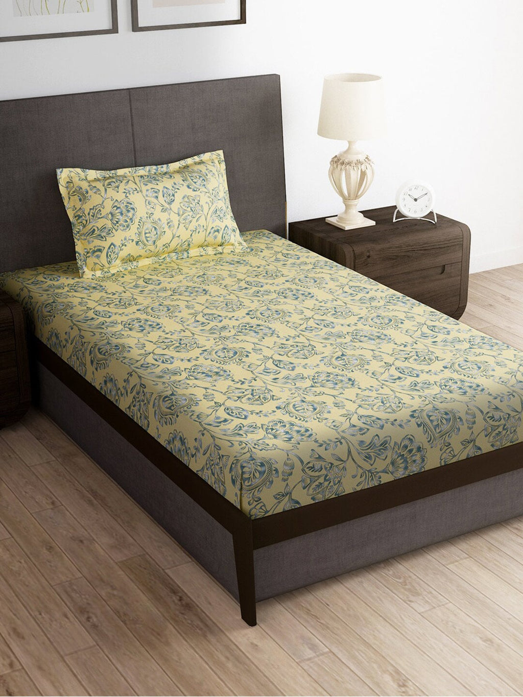 Story@home Cream-Coloured & Grey Floral Microfiber 180 TC Bedsheet & Pillow Cover