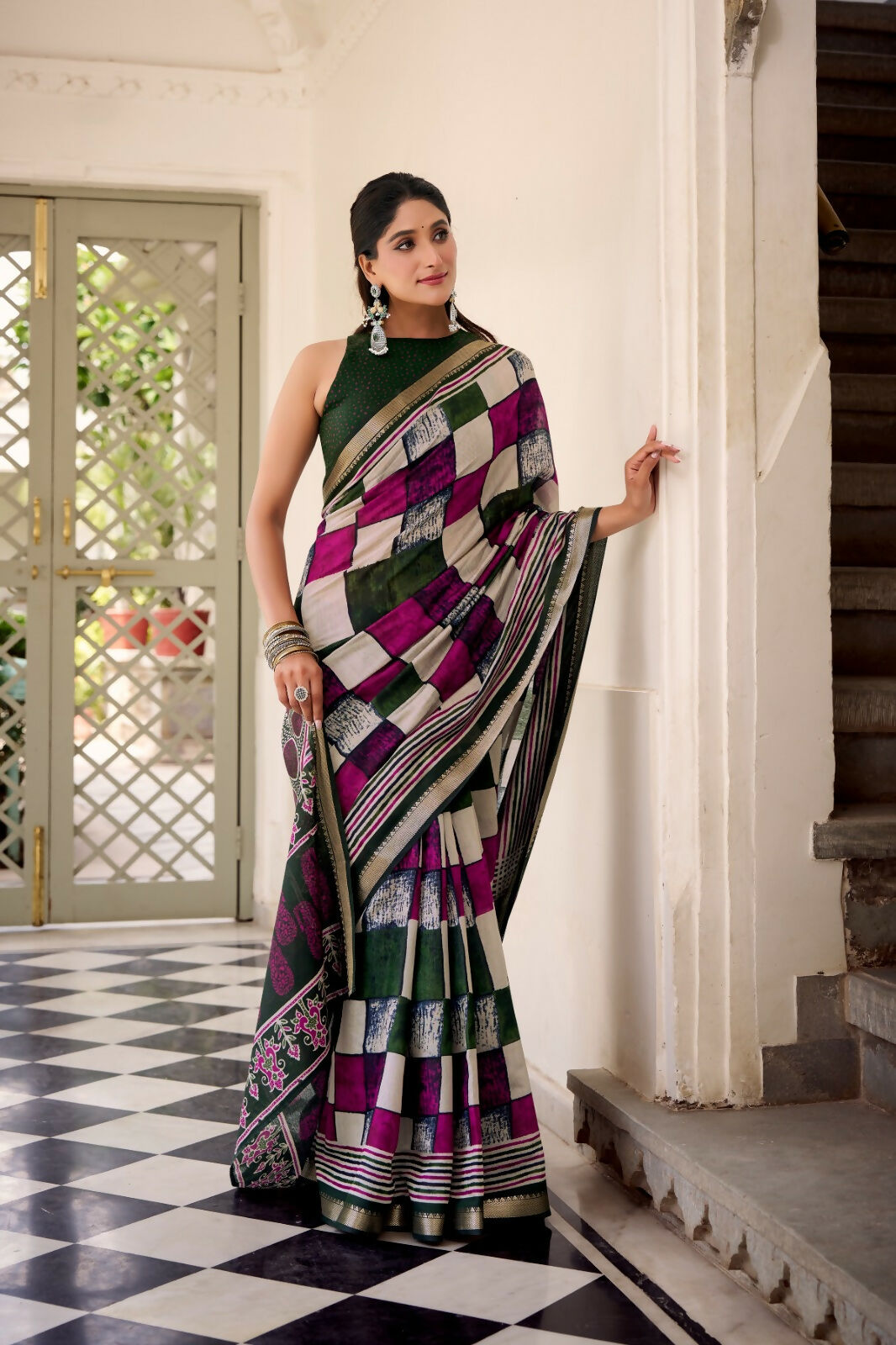 Vastranavya Green Viscose Chanderi Printed with Temple Border Saree & Unstitched Blouse