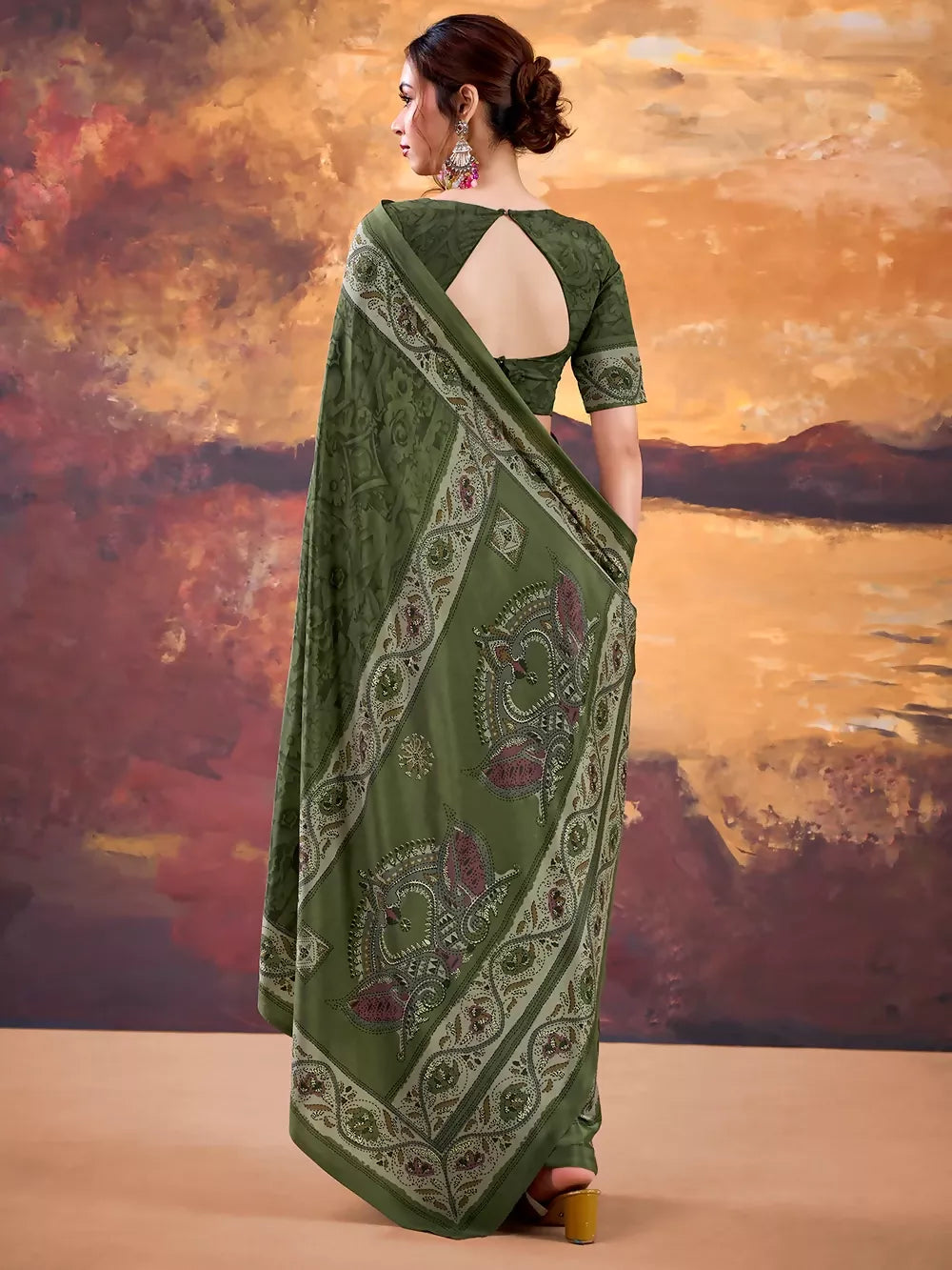 Vastranavya Mehendi Crepe Printed Saree with Unstitched Blouse