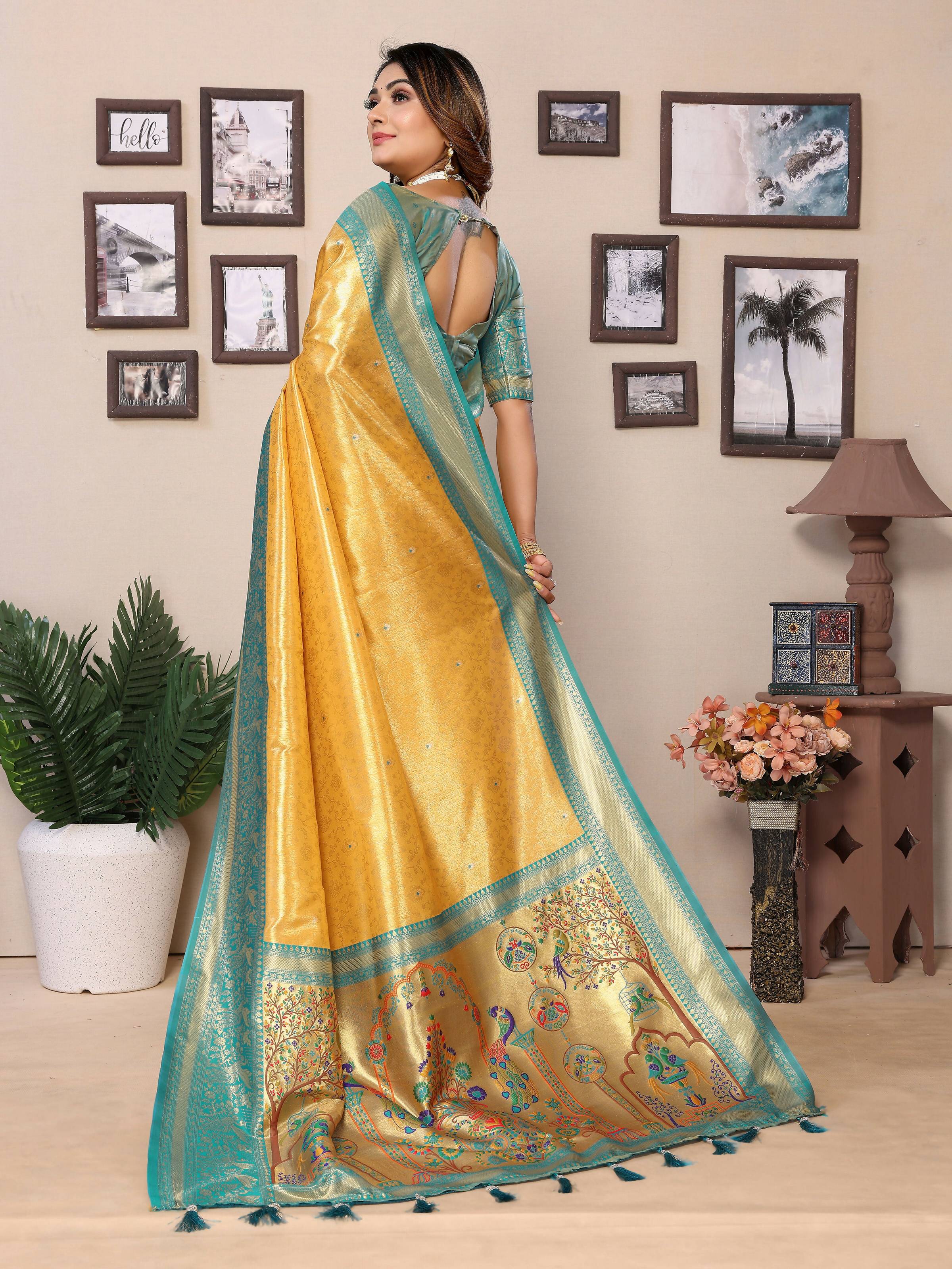 Aastha Fashion Yellow Tissue Silk Weaving Saree
