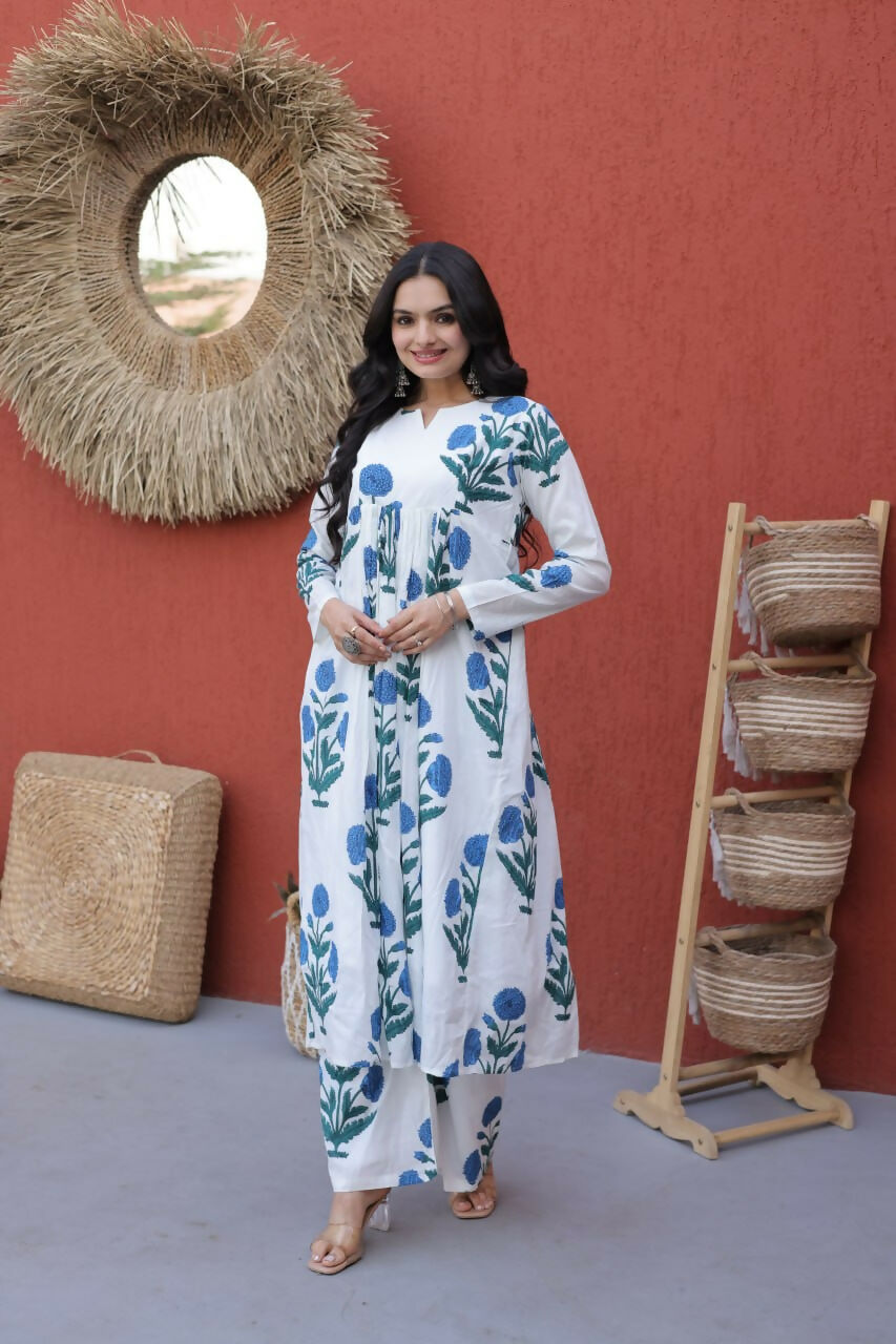 Teeya Creation Womens New Trendy Summer War Printed Cotton Gown Set-Blue