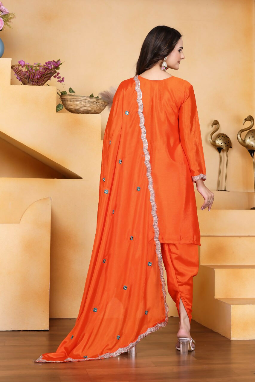 Teeya Creation Orange Color Chinon Silk Party Wear Punjabi Dhoti Suit