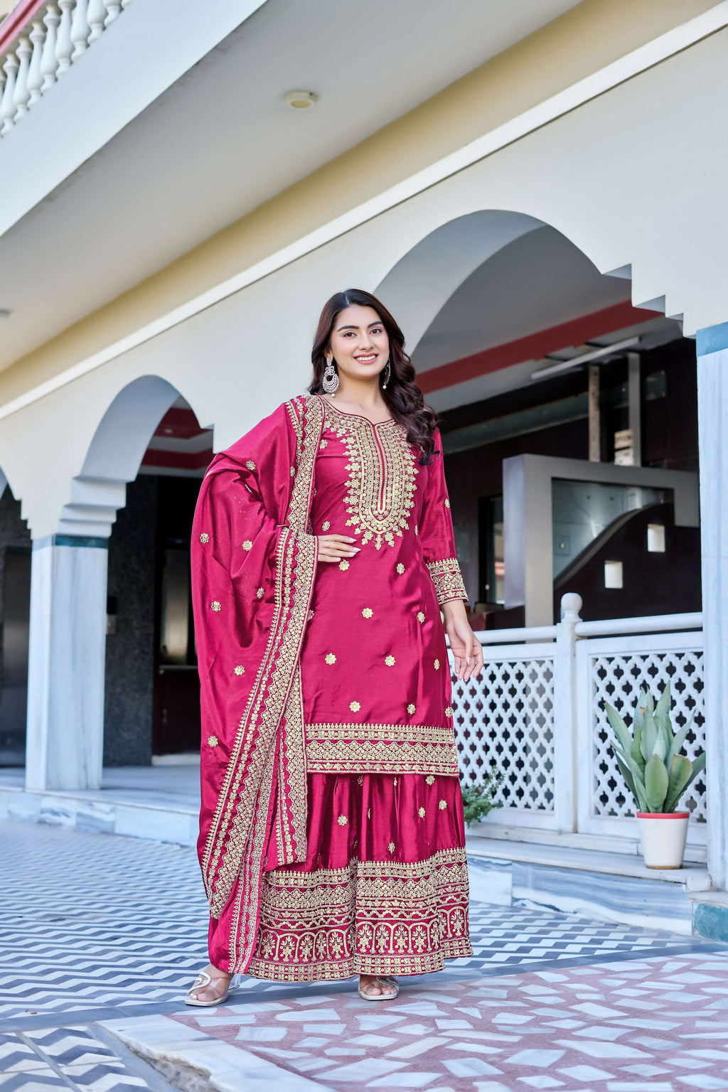 Teeya Creation Pink Color Chinon Silk Heavy Embroidery Work Wedding Wear Sharara