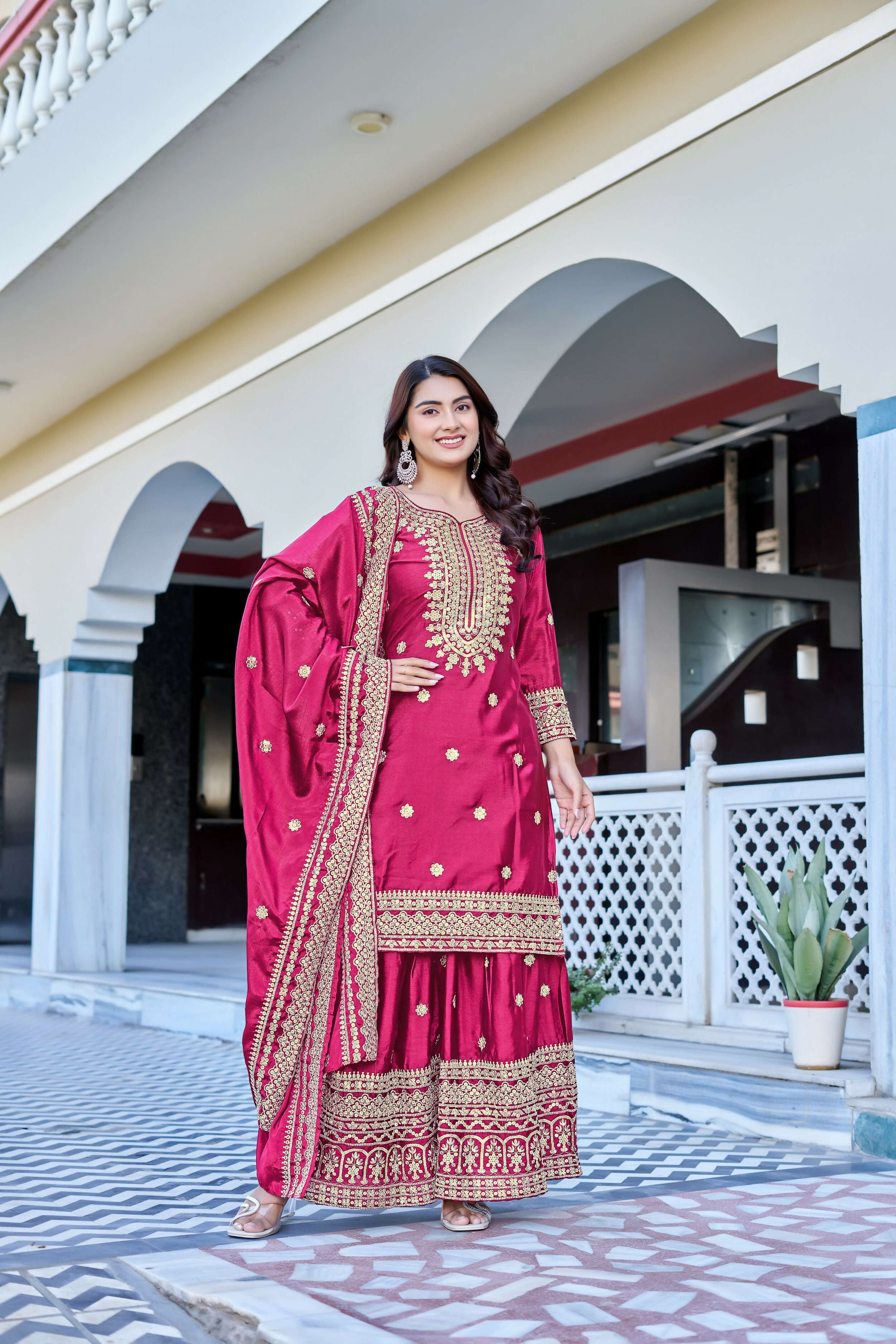 Teeya Creation Pink Color Chinon Silk Heavy Embroidery Work Wedding Wear Sharara