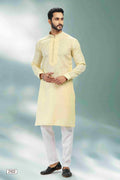 Raivat Ethnic Linen Cotton Pintux Work Kurta Pajama In Yellow Colour