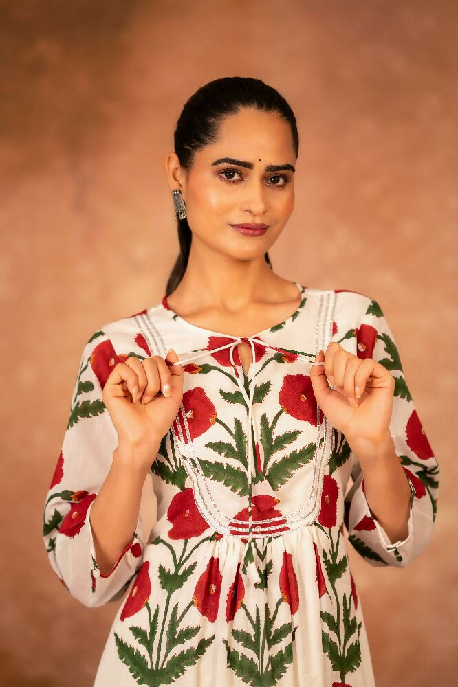Joban Fashion Red Rose Floral Hand Block Printed Cotton Kurta Pant Set
