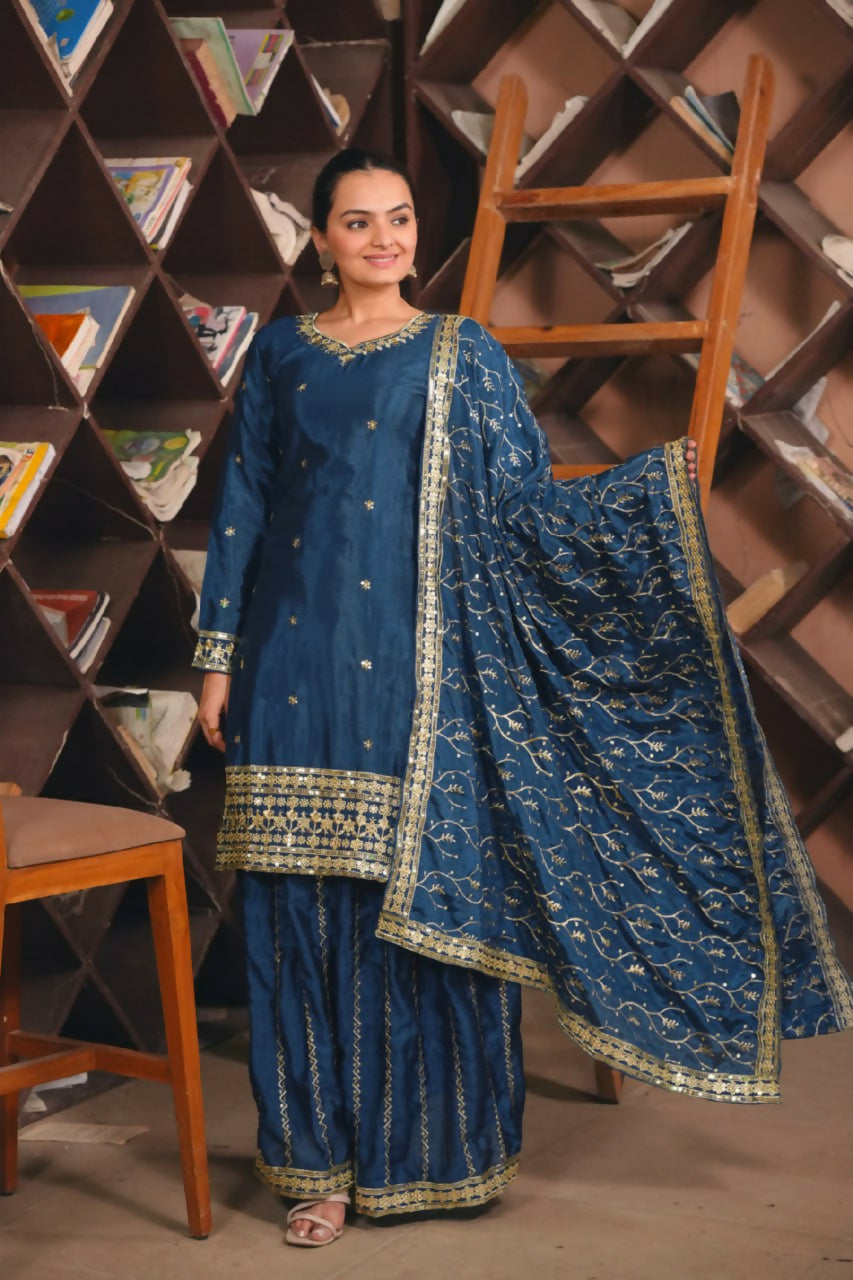 Teeya Creation Blue Color Chinon Silk Wedding Wear Trending Palazzo Set