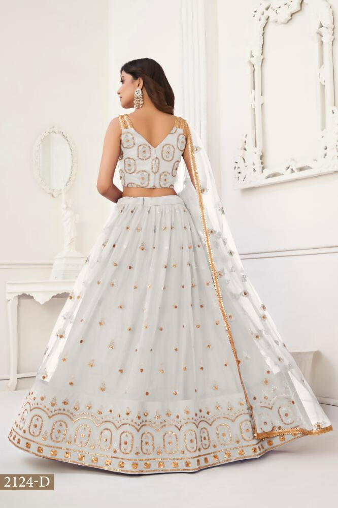 Aastha Fashion Off White Butterfly Net Tone To Tone Thread Work And Sandwich Sequence Work Embroidery Wedding Wear Lehenga Choli