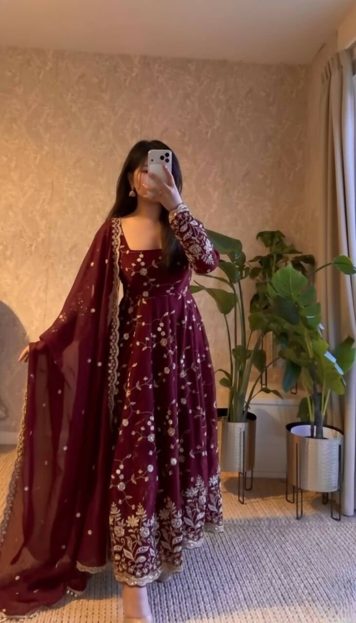 Teeya Creation Maroon Color Faux Georgette Long Party Wear Gown