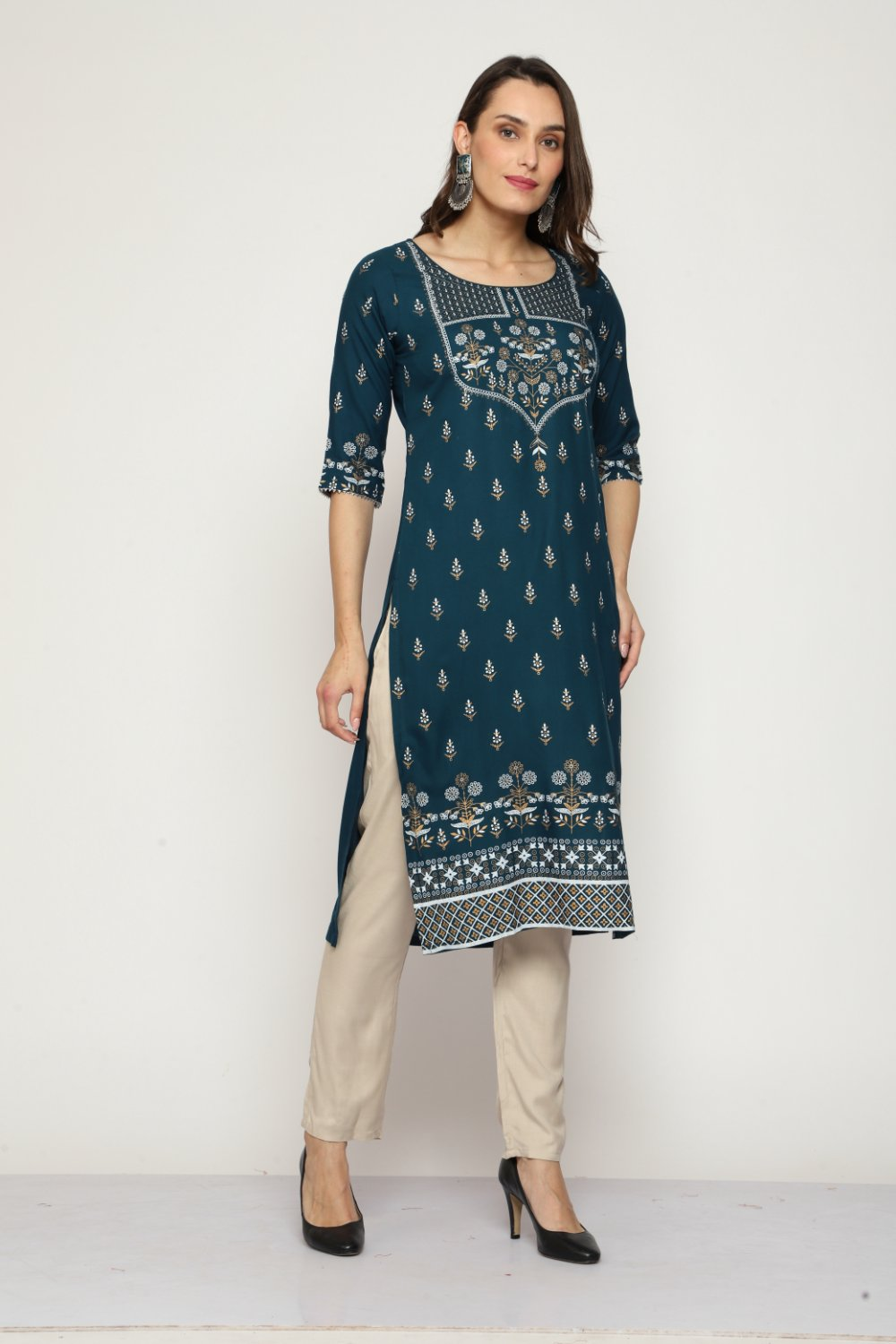 Maai Rayon Hand Printed Kurta Navy