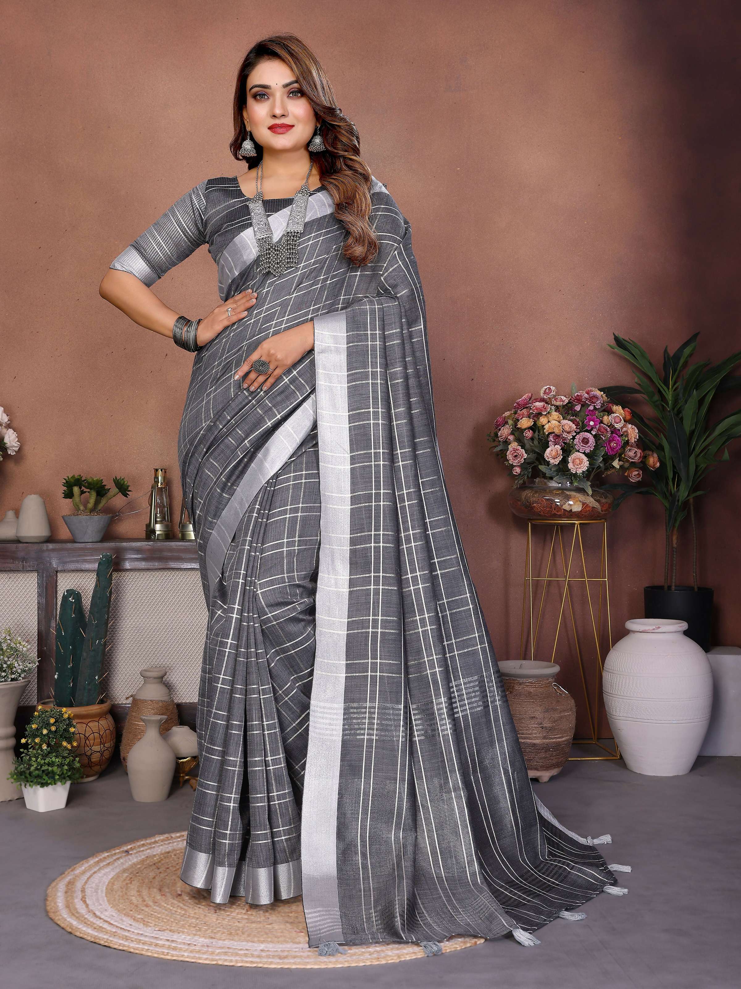 Aastha Fashion Grey Linen Weaving Saree
