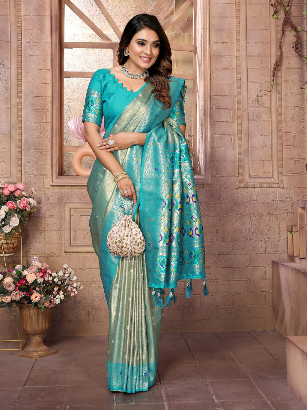 Aastha Fashion Sea Green Banarasi Tissue Silk Weaving Saree