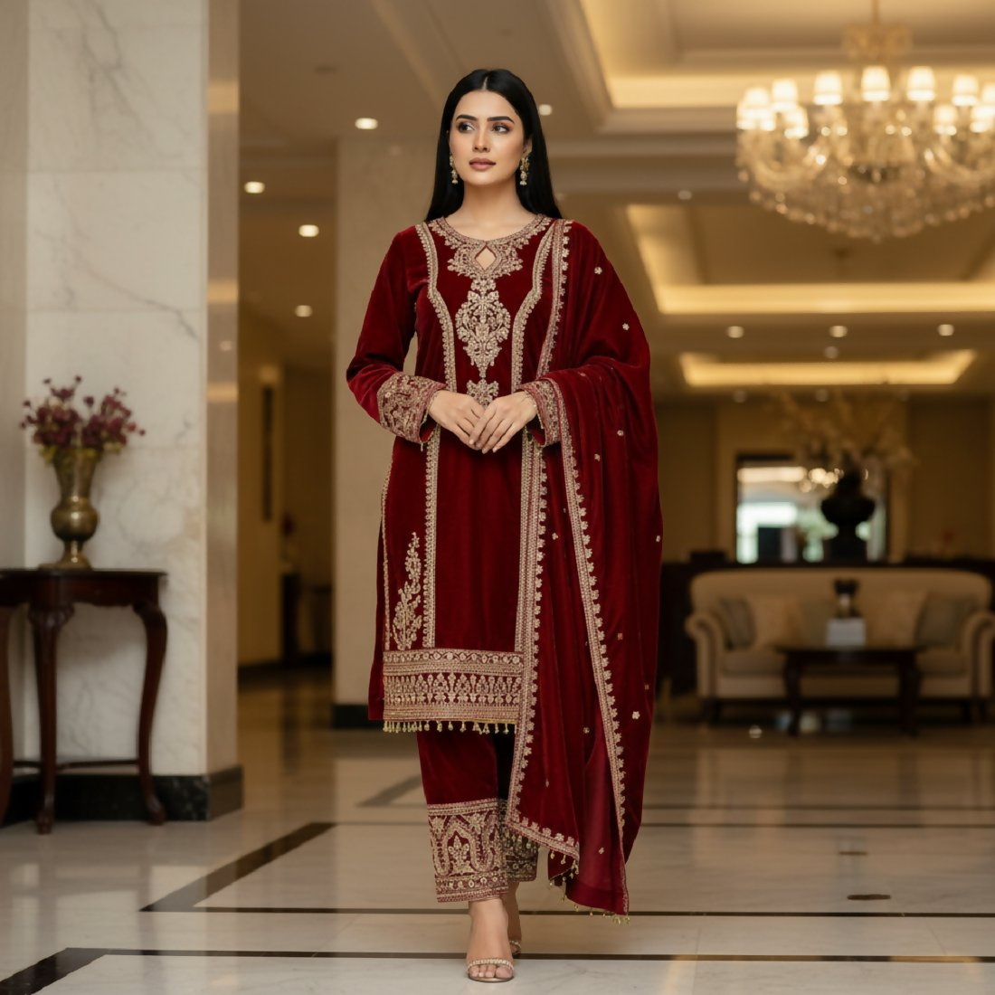 Joban Fashion Maroon Kurta Set Velvet Embroidery Sequence Work
