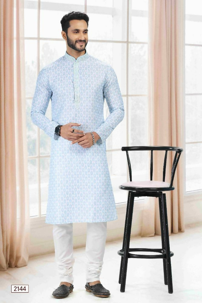 Raivat Ethnic Cotton Thread Work Kurta Pajama In Sky Blue Colour