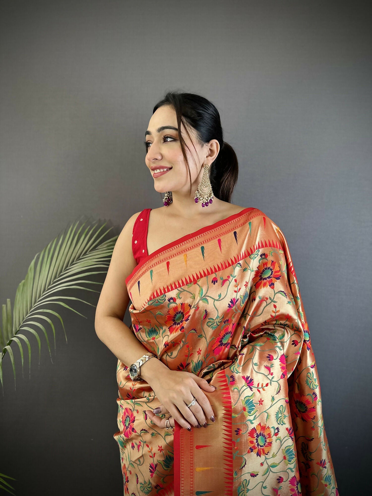 Joban Fashion Light Orange Floral  & Peacock Motifs Soft Silk Paithani Saree