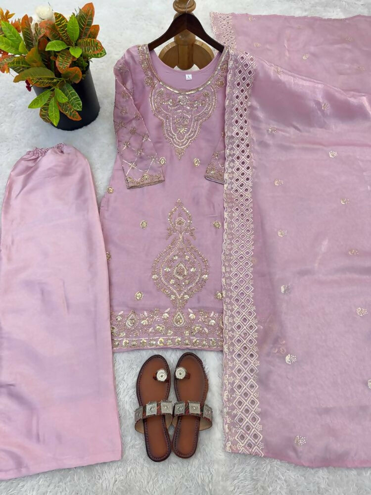 Teeya Creation Onion Color Gimmychu Silk Embroidery Work Wedding Wear Salwar Suit