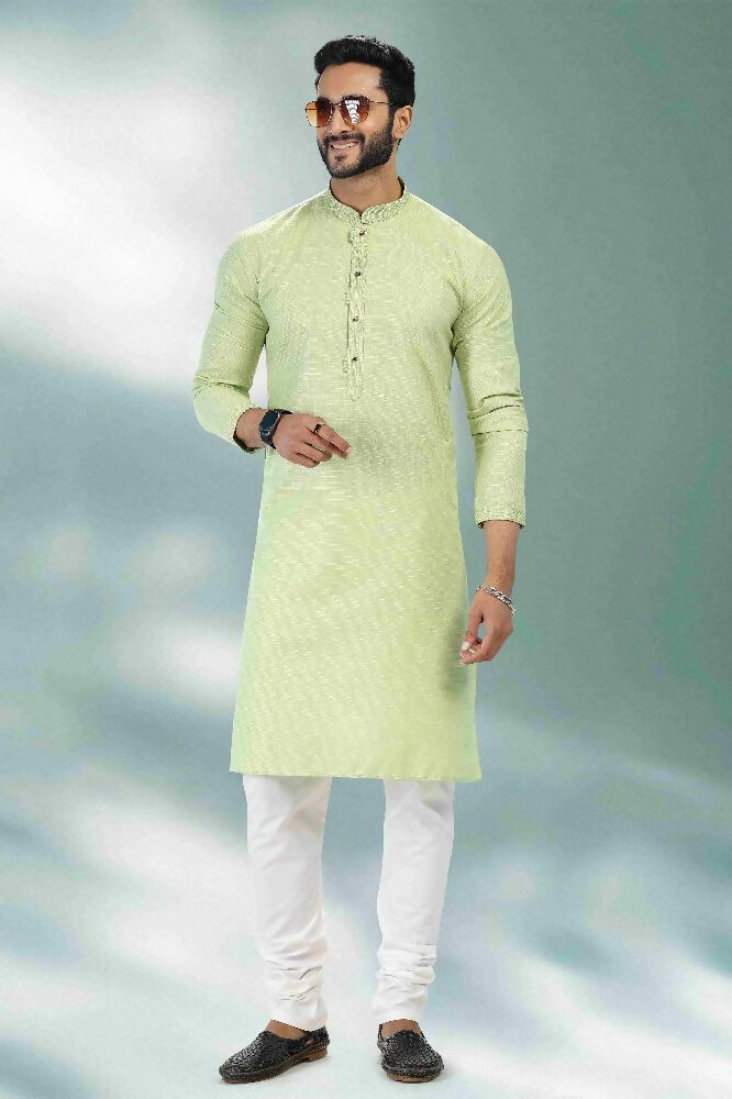 Raivat Ethnic Linen Cotton Pintux Work Kurta Pajama In Pista Green Colour