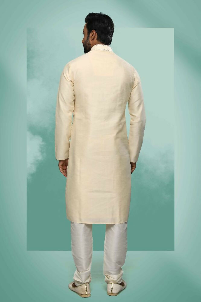 Raivat Ethnic Art Silk Mirror Embroidery Work Kurta Pajama In Cream Colour