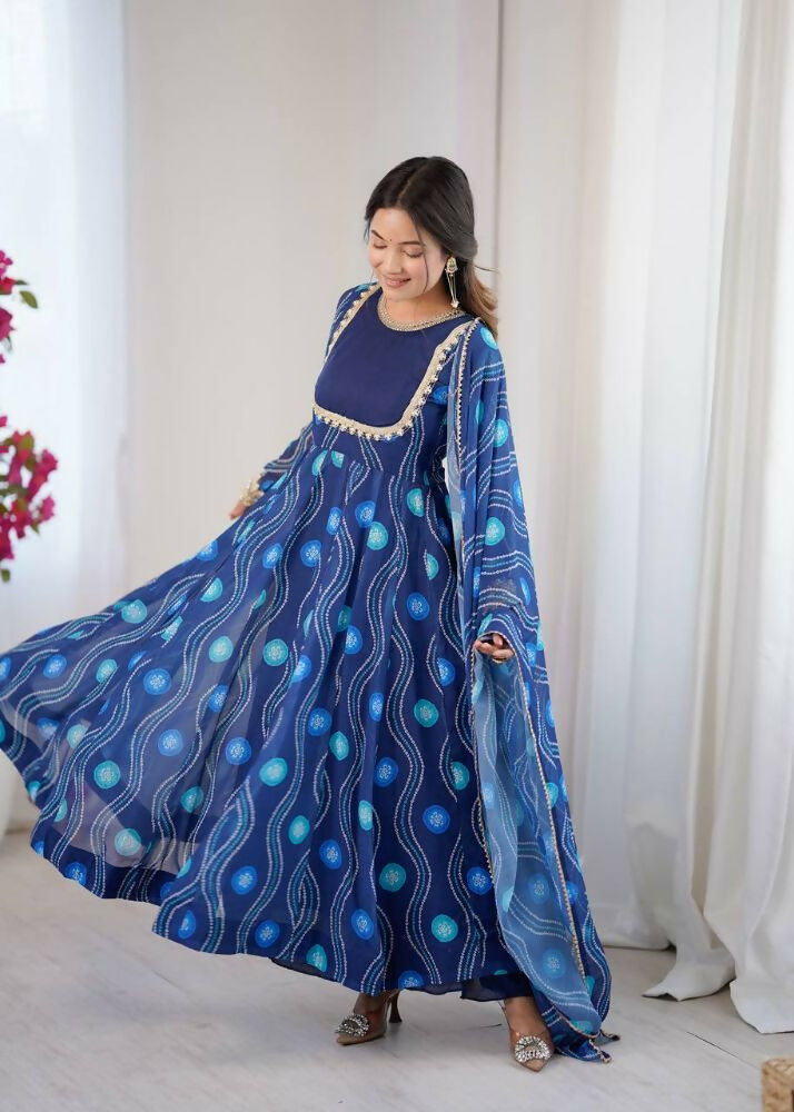 Teeya Creation Blue Faux Georgette Party Wear Digital Print Long Gown