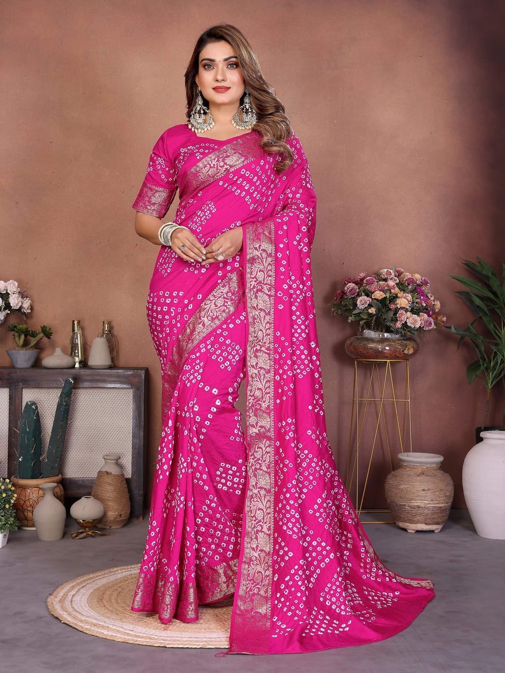 Aastha Fashion Pink Pure Dola Silk Handmade Original Bandhej Saree