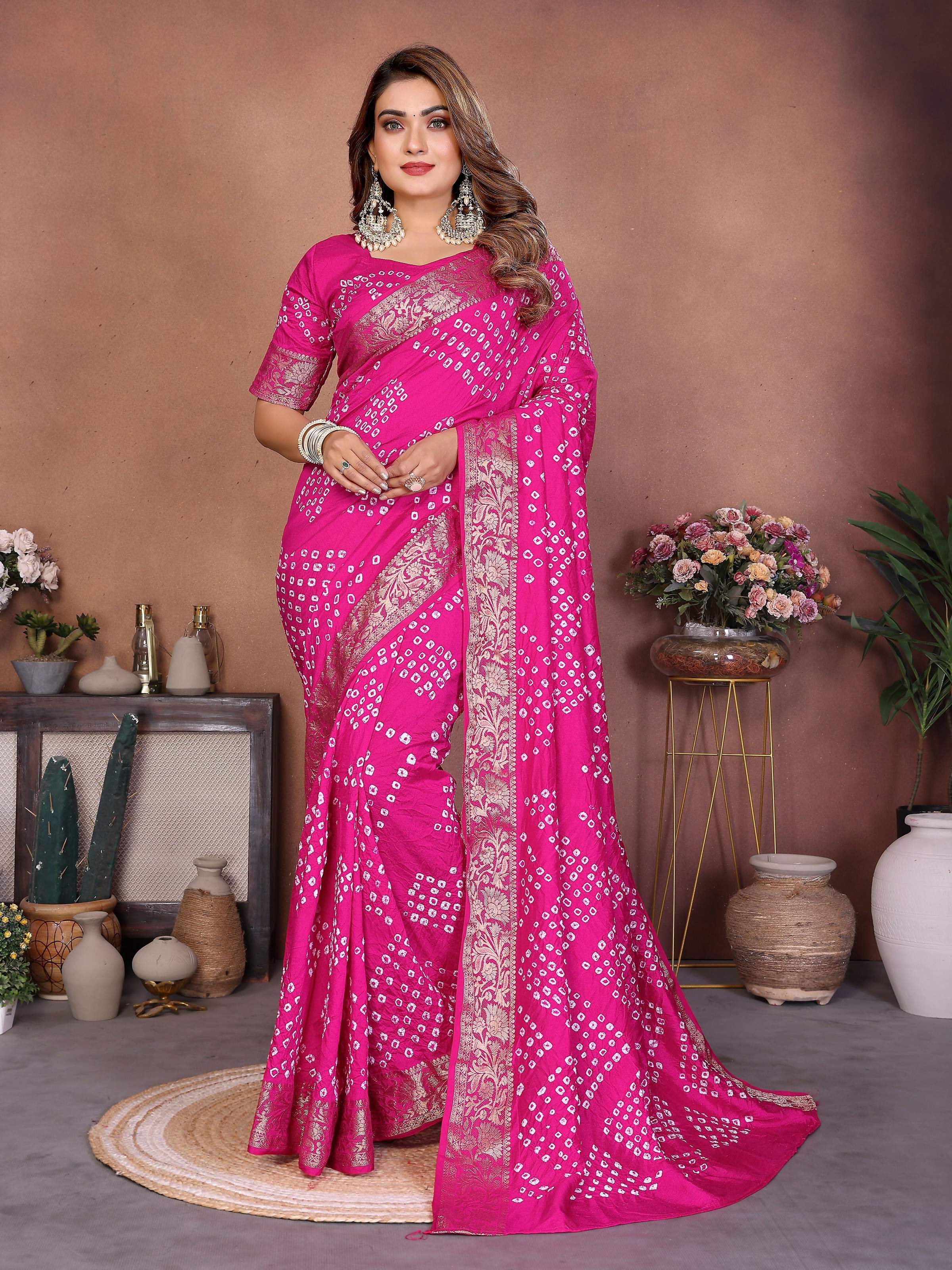 Aastha Fashion Pink Pure Dola Silk Handmade Original Bandhej Saree