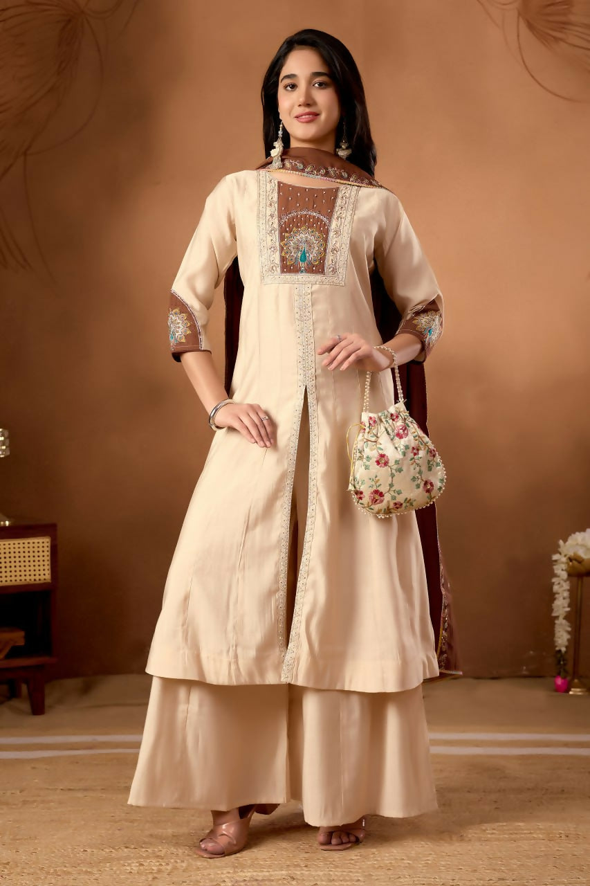 Lehenga Mart Designer Front-Slit Kurta, Paired With Wide-Leg Palazzo Pants And A Dupatta.-Cream