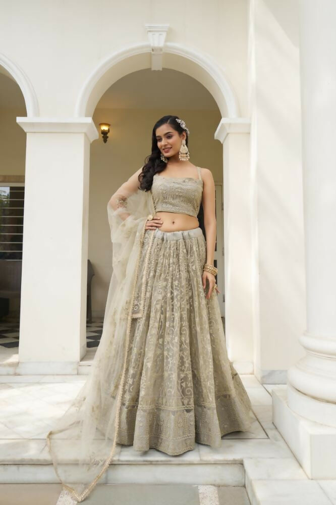 Aastha Fashion Ivory Butterfly Net Tone To Tone Cotton Thread Work And Sequence Work Embroidery Wedding Wear Lehenga Choli