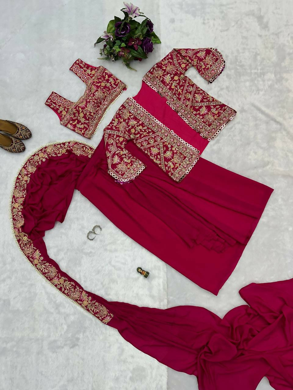 Teeya Creation Rani Color Chinon Silk Embroidery Work Ready To Wear Party Wear Saree With Koti