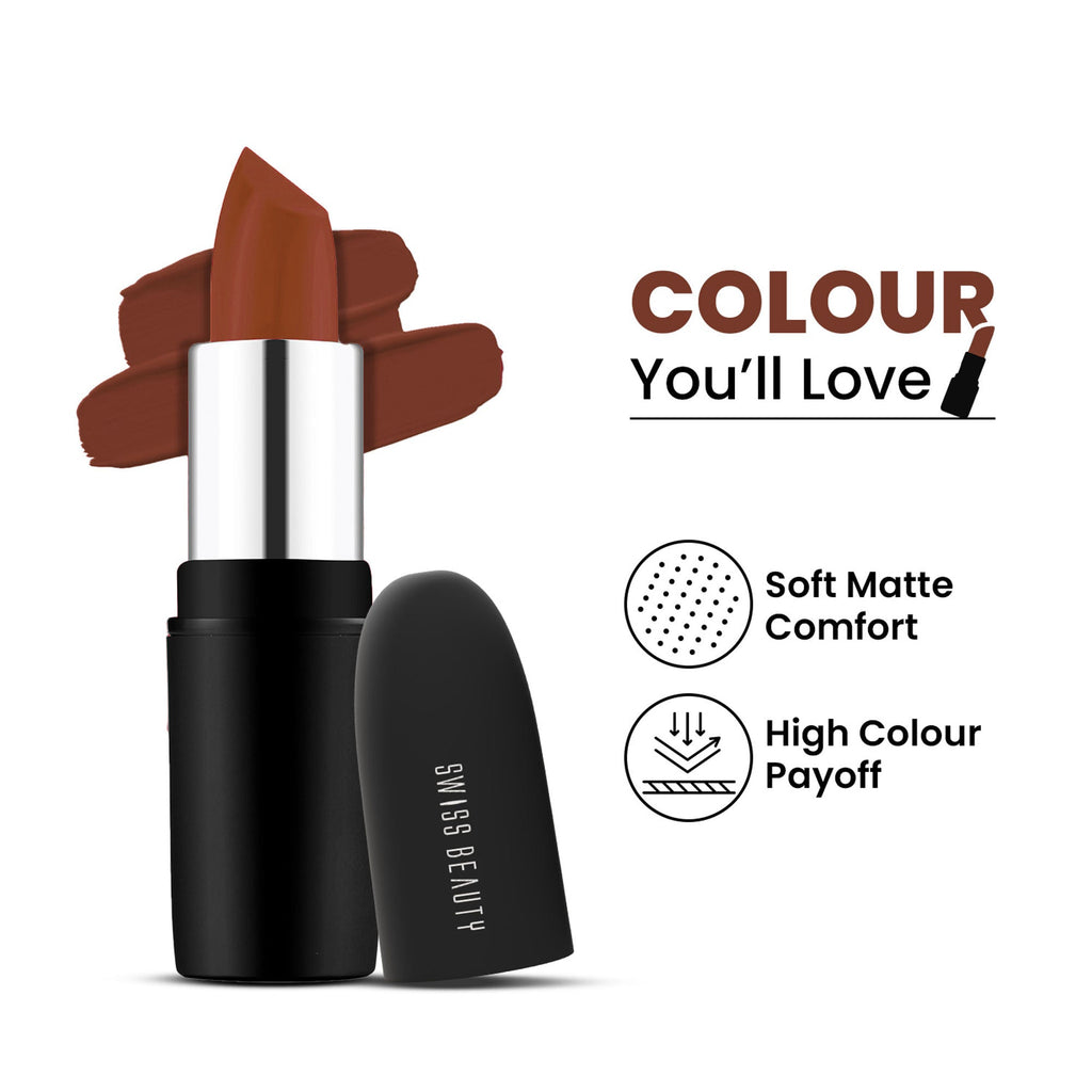 Swiss Beauty Pure Matte Lipstick , Non-Drying, Smooth Glide, Long Lasting - 225 Cafe Mocha
