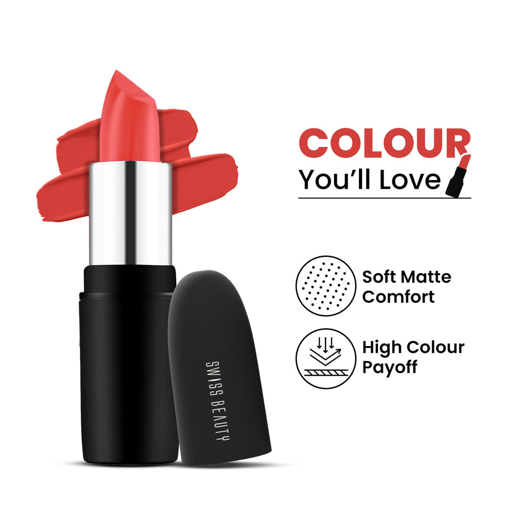 Swiss Beauty Pure Matte Lipstick , Non-Drying, Smooth Glide, Long Lasting - 217 Apricot