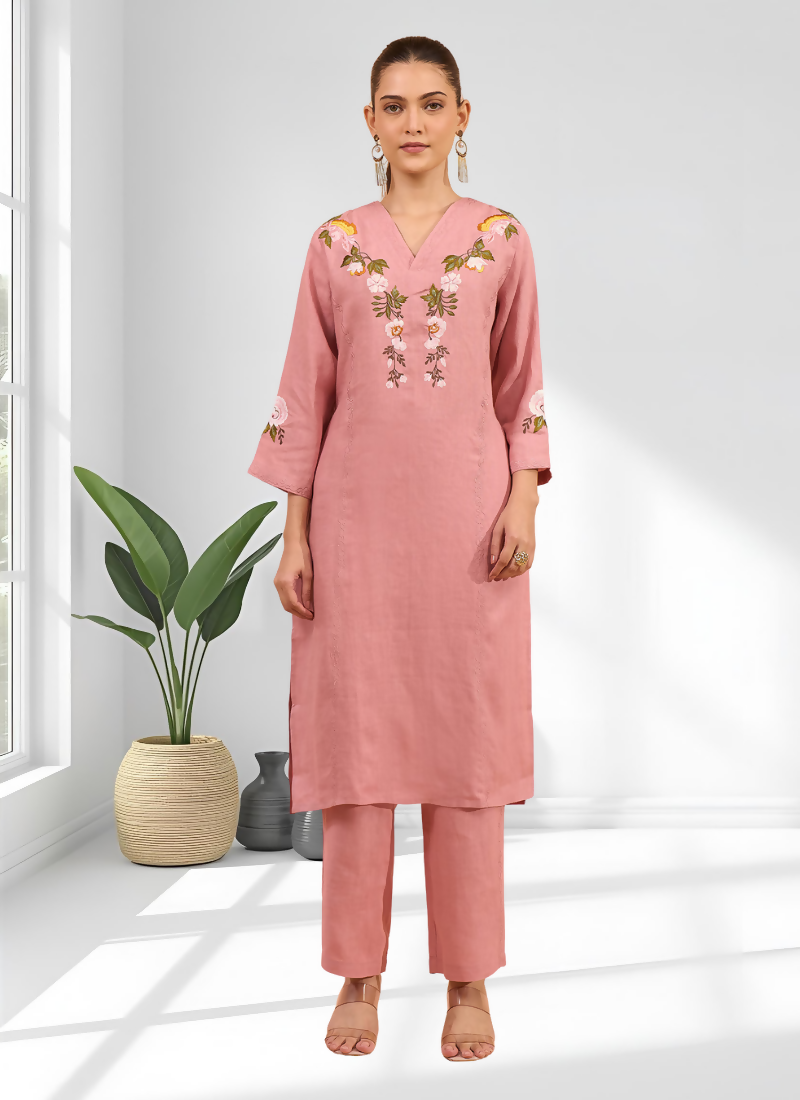 Joban Fashion Pink Linen Embroidered Readymade Long Kurta With Pant