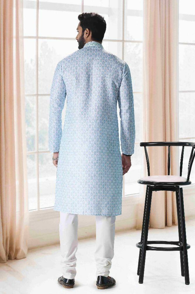 Raivat Ethnic Cotton Thread Work Kurta Pajama In Sky Blue Colour