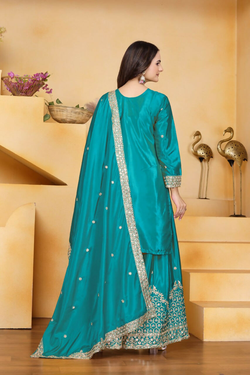 Teeya Creation Teal Color Natural Crepe Silk Wedding Wear Trending Palazzo Set